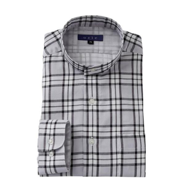 ワイシャツ メンズ 長袖 スタンドカラー グレー 綿100% ワイシャツ ドレスシャツ レギュラーフ...