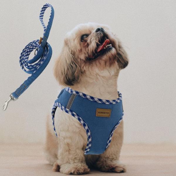 Aiminto デニム犬用ハーネス＆リードセット、通気性の高いメッシュ素材、軽量、ハーネス胸元に反射...