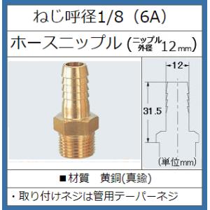 黄銅製 ホースニップル ネジ径 1/8 インチ 呼6A 12×31.5 竹の子 タケノコ たけのこ 真鍮 金属