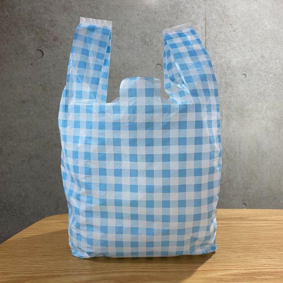 【100枚】レジ袋 チェック柄 ブルー 35号サイズ (HDPE 厚み0.018mm) ギンガムチェ...