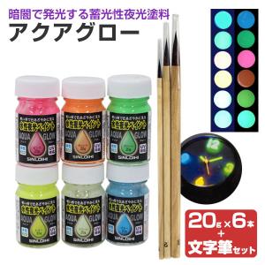 アクアグロー（水性夜光ペイント） ６色（20g×6本）＋文字筆セット（蛍光塗料/蓄光塗料/夜光塗料/シンロイヒ）