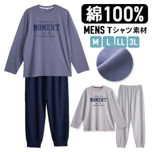 パジャマ メンズ 綿100％ 長袖 春 夏 柔らかく軽い薄手の快適Tシャツ 上下セット ロゴプリント グレー ダスティブルー M L LL 3L ルームウェア 父の日 ギフト