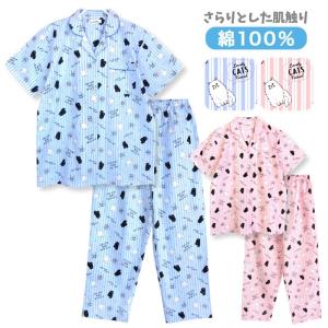 パジャマ レディース 春 夏 半袖 綿100％ 前開き 薄手のシャツ 猫ストライプ柄 ピンク/サックス M/L/LL/3L