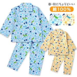 綿100％ 長袖キッズパジャマ 春・秋に丁度よい厚さ 恐竜とキラキラ星のパジャマ
