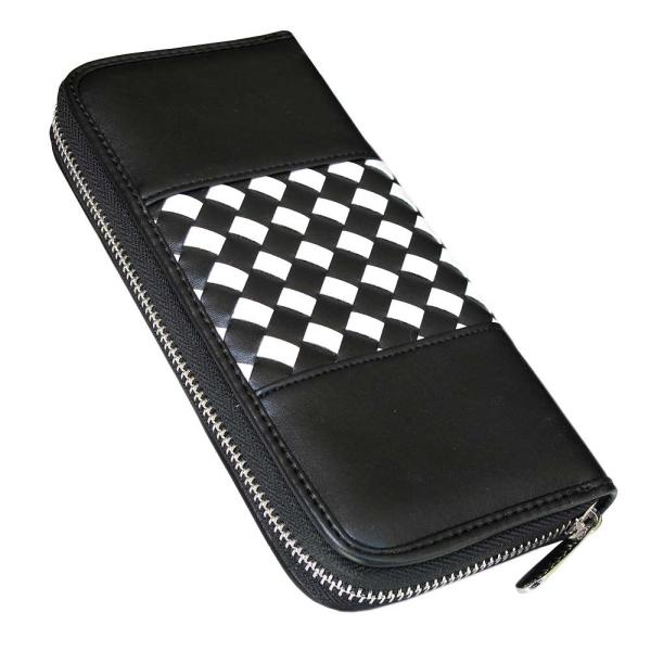 メンズ長財布 センターメッシュ ラウンドファスナ ーレザー 編み込み 小銭入れ 札入れ ツートン