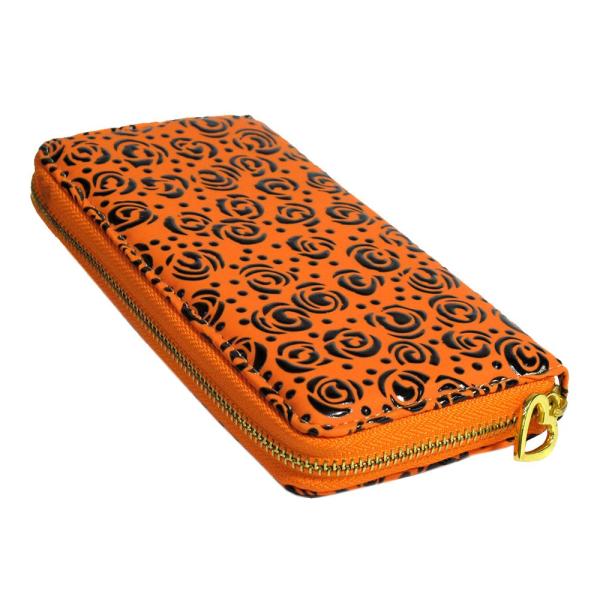 長財布　カメリア柄　レディース　ラウンドファスナー　オレンジ