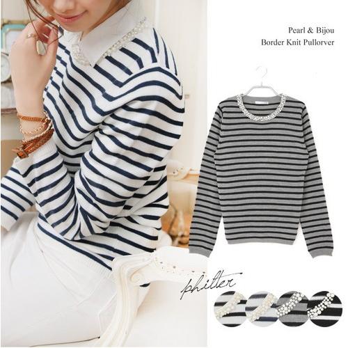SALE セール / パール×ビジュー付 ボーダーニットトップス