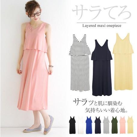 SALE 大人女子のベーシックTEE とろみ質感。レイヤードマキシワンピース ロングワンピース