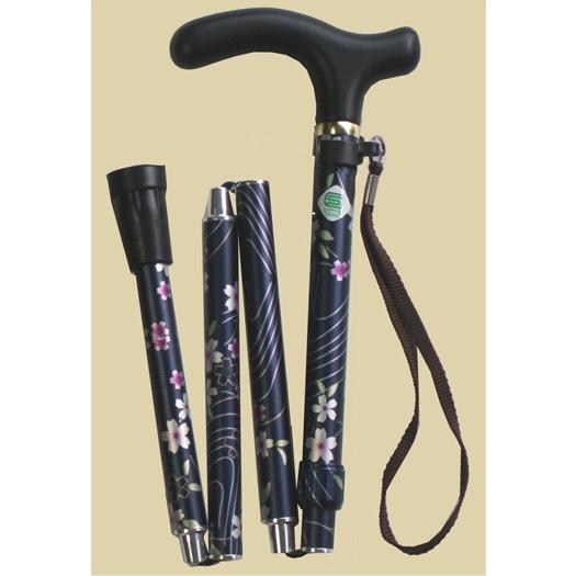 和柄コンパクト折りたたみ伸縮杖/花柄紺