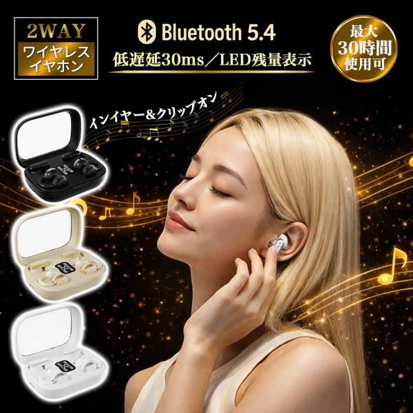 ワイヤレスイヤホン デュアル　2in1 イヤーカフ型 カナル型 Bluetooth ノイズキャンセル...