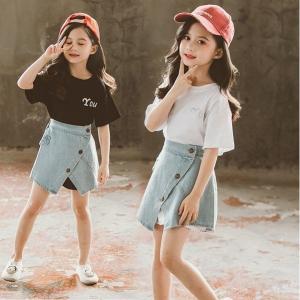 子供服 セットアップ 春夏 キッズ 女の子 韓国子供服 上下セット 2点セット トップス 半袖 Tシャツ 安い ミニスカート デニムスカート 可愛い 120 130 160｜pandashopping