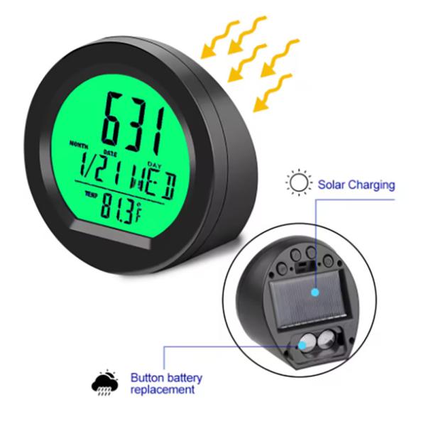ソーラー充電 デジタルクロック 温度計付き 多機能 卓上時計 車用 カレンダー ボタン電池併用 緑 ...