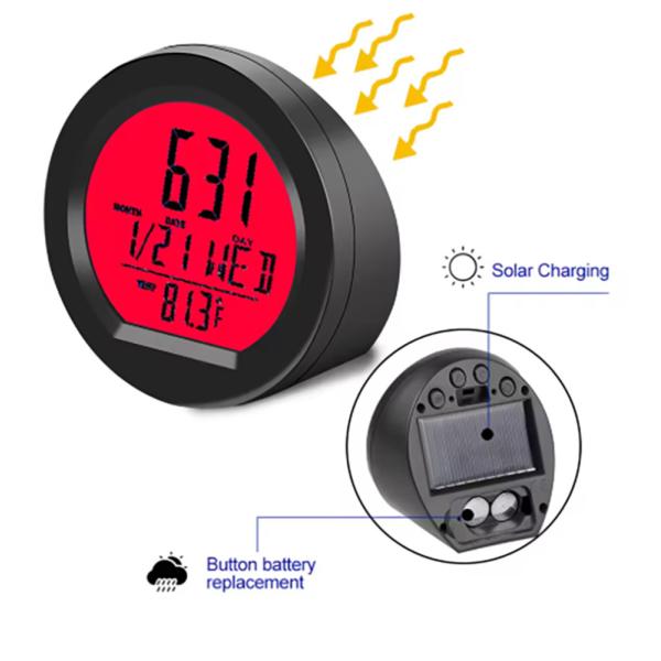 ソーラー充電 デジタルクロック 温度計付き 多機能 卓上時計 車用  カレンダーボタン電池併用 赤 ...