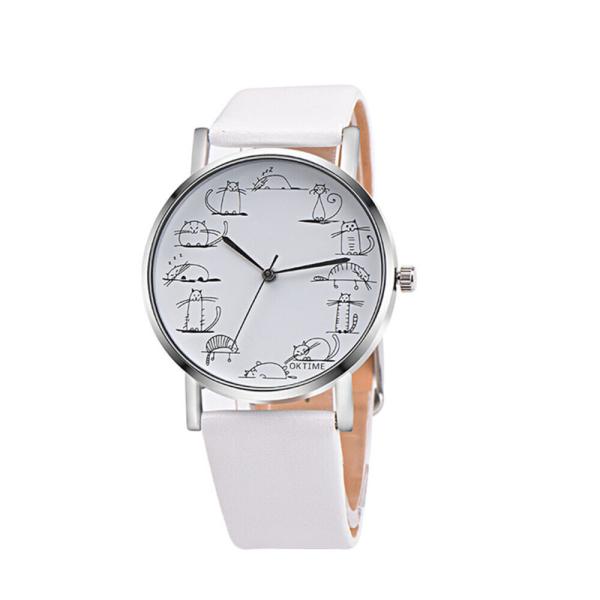 かわいい猫時計 女性カジュアル時計 革バンドクォーツ腕時計 レディース腕時計|女性 |白