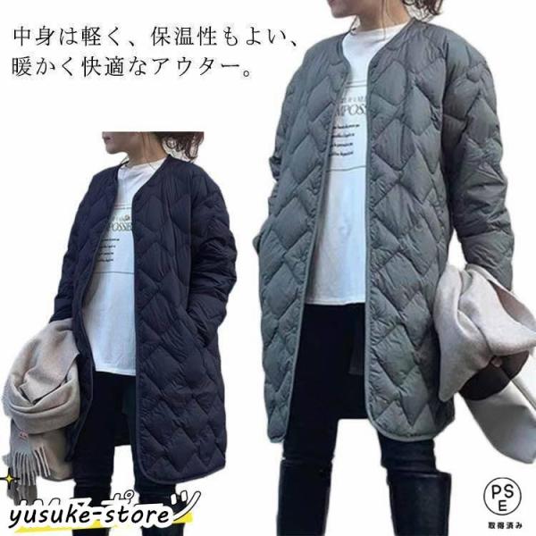 暖かい ノーカラーコート キルティングコート ロングコート キルティングノーカラーコート キルティン...