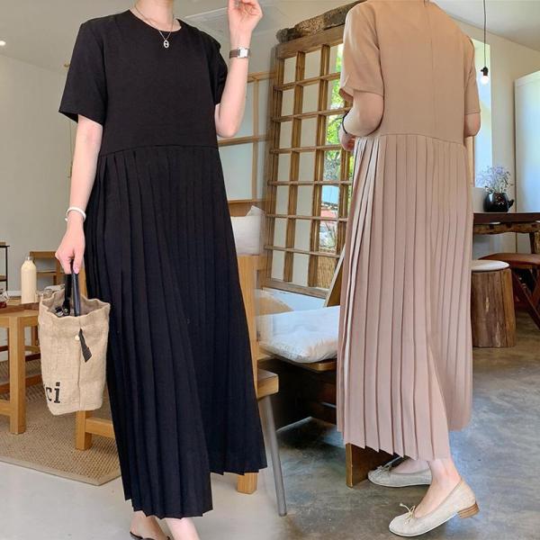 ドッキング ロングシャツワンピース 半袖 プリーツワンピース チュニック クルーネック レディース ...