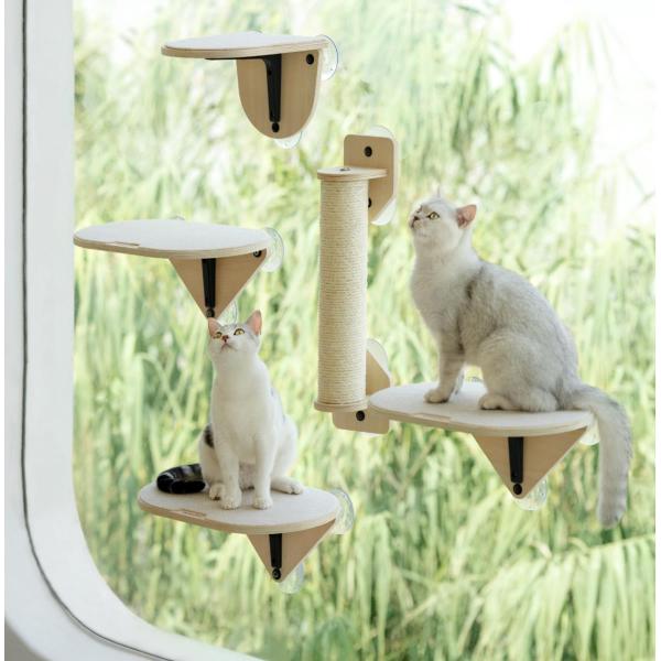 猫ステップ 猫ハンモック 吸盤式 木製 ウォールキャットシェルフセット 猫クライミングシェルフ ウォ...