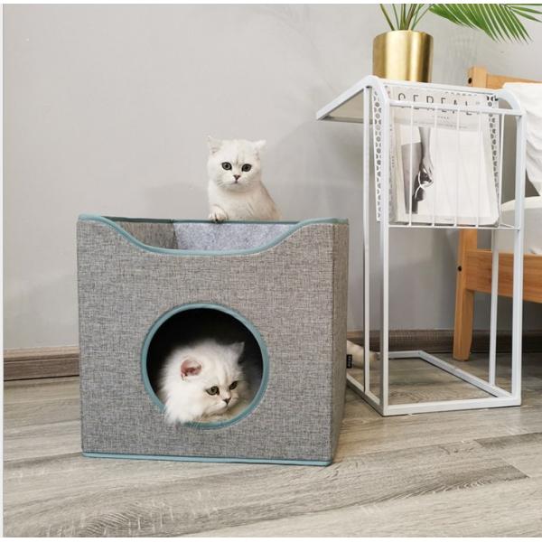猫ハウス 猫ベッド 折りたたみ式 シンプル ペット用ソファー 2階 2匹 クシュン付き ボックス型 ...