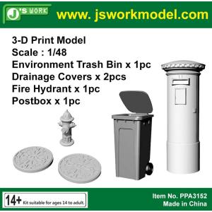 J's Work PPA3152 1/48 3Dプリント ゴミ箱(1個)・排水カバー(2個)・消火栓(1個)・ポスト(1個)｜panzerlehr