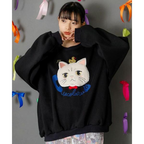トップス 新作 ScoLar スカラー 153768 ネコのボアアップリケ×刺繍 裏起毛プルオーバー...