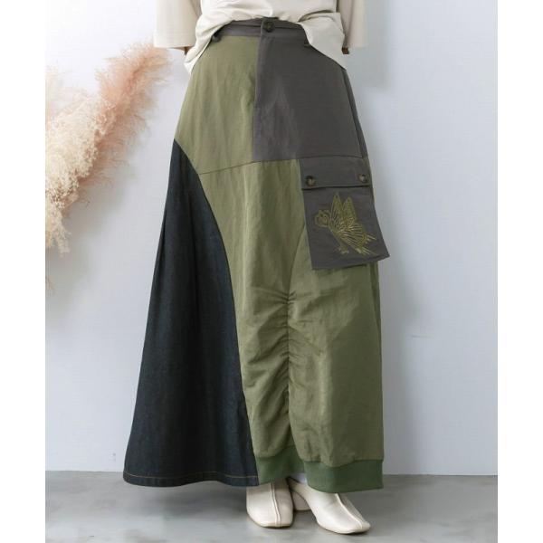 スカート is ScoLar イズ スカラー 561205 蝶鍵モチーフ刺繍 ナイロン×デニム切替配...