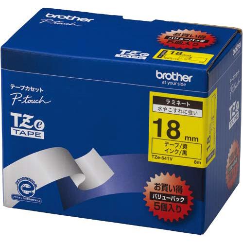 ブラザー ピータッチ用ＴＺｅテープカセット　黄に黒文字　１８ミリ幅　５本パック TZE-641V