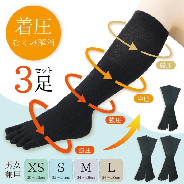 【3足組・送料無料】着圧5本指ハイソックス むくみ対策 XS L 男女兼用 立ち仕事 事務 日本製 ...