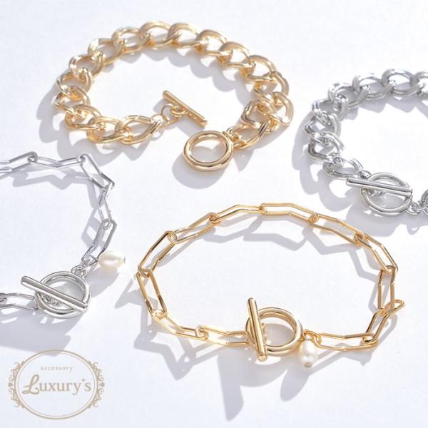 ブレスレット チェーン パール シンプル 太め ごつめ メタル ゴールド シルバー Luxury&apos;s...