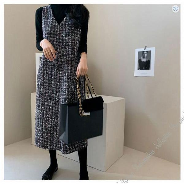V襟ジャンバースカート　膝下丈 ミモレ丈　長め　ひざ下　ゆったり　フリーサイズ　上品　ほっそり効果大...