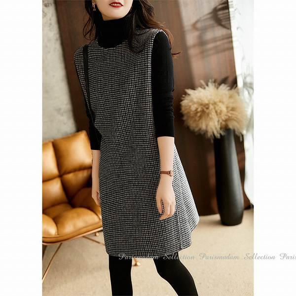 チェックジャンバースカート　ギンガムチェック　千鳥格子　1枚仕立て　ボンディング　膝上丈　ミニ丈　ほ...