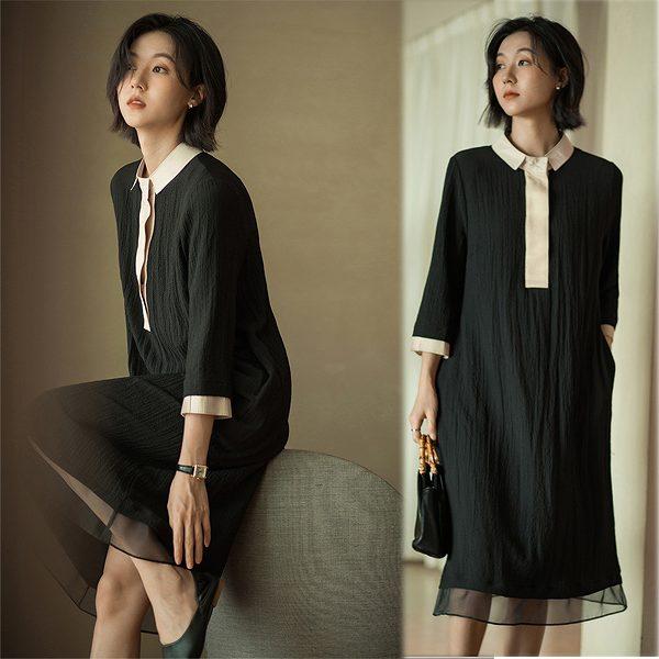 高品質シックエレガンスワンピース　ひざ下丈　長袖　正式な場所　改まった席に【送料無料】　ほっそり効果...
