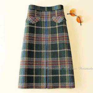 タータンチェックワンピース ひざ下丈 フレアスカート グリーン系 長袖