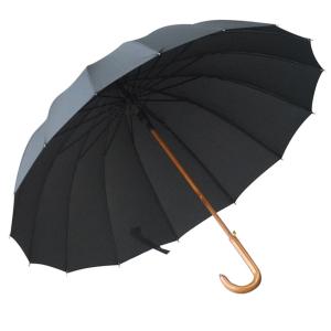 傘 長傘 雨傘 レディース メンズ 16本骨傘 木製手元 大きな傘 UVカット 軽い 耐風 撥水 グラスファイバー  梅雨対策 晴雨兼用 ブラック