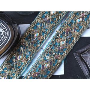 インド刺繍リボン　50cm入り　スパンコール　ビーズ刺繍　チュール　金糸　青　ブルー｜partsful