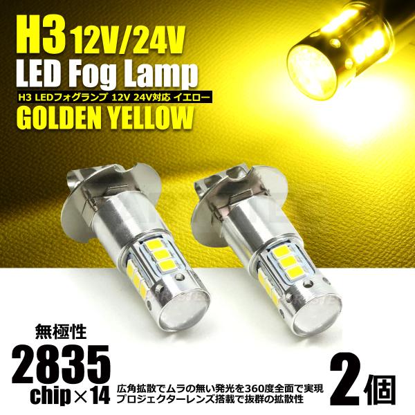H3 LEDフォグランプ イエロー 黄 2個 汎用 ショートバルブ 12V 24V 普通車 トラック...