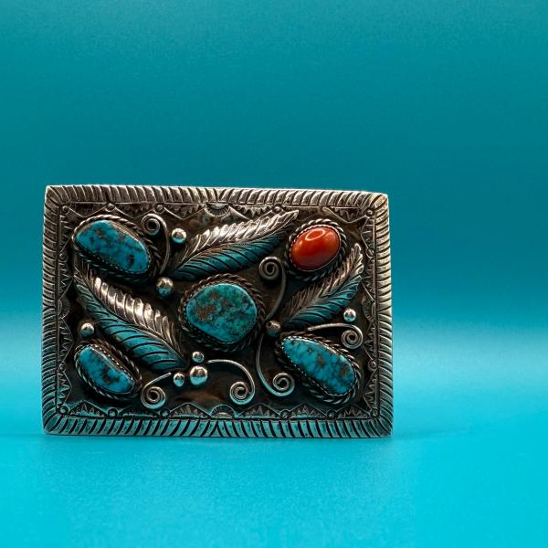 ターコイズとコーラルのコンビバックル　インディアンジュエリー/ネイティブアメリカン/ナバホ族/アメカ...