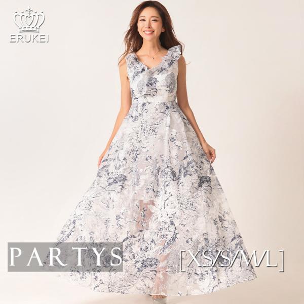 交換無料 | エルケイ | Vネック Aライン ロングドレス ホワイト×ネイビー トワル柄 プリント...