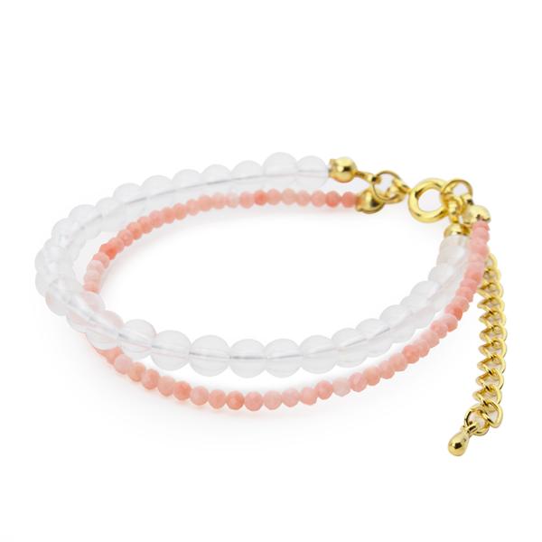 【fine】ミルキークォーツ・ピンクコーラル 2連デザインブレスレット パワーストーン/天然石/ギフ...