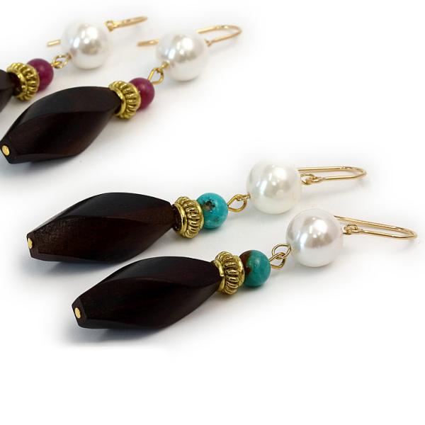 貝パール・ターコイズ ウッドピアス（ペア・14KGF）