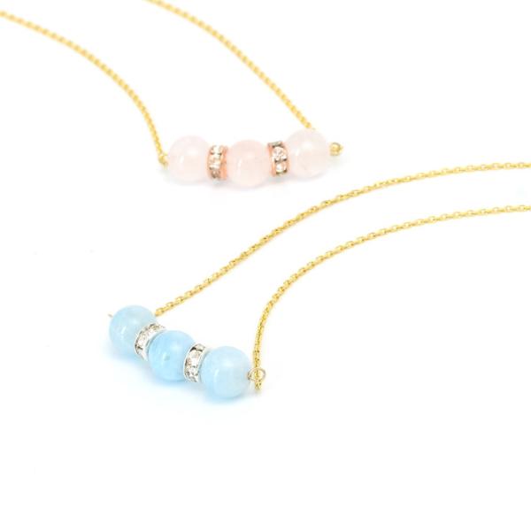 【winQ】アクアマリン・ローズクォーツ チェーンネックレス（14KGF）