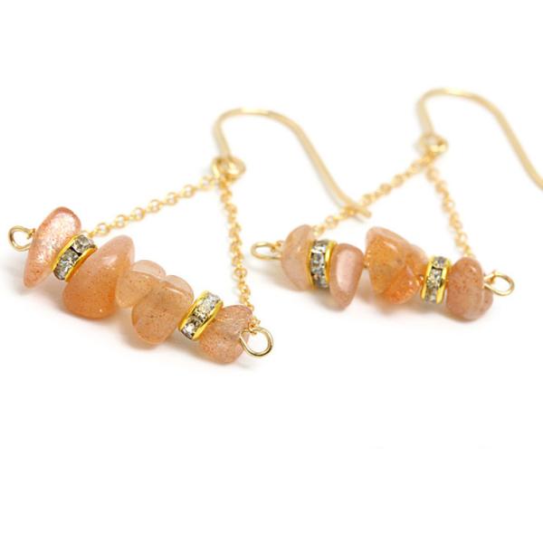 【winQ】6月誕生石オレンジムーンストーン さざれ天然石ピアス（ペア・14KGF）