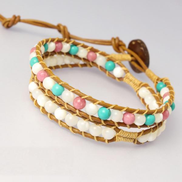 デザインラップブレスレット・マザーオブパール ブラウンレザー