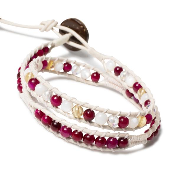 デザインラップブレスレット・ピンクタイガーアイ ホワイトレザー