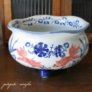 金魚鉢 陶器 おしゃれ 染付 赤絵 金魚柄(大サイズ) 説明書付 メダカ