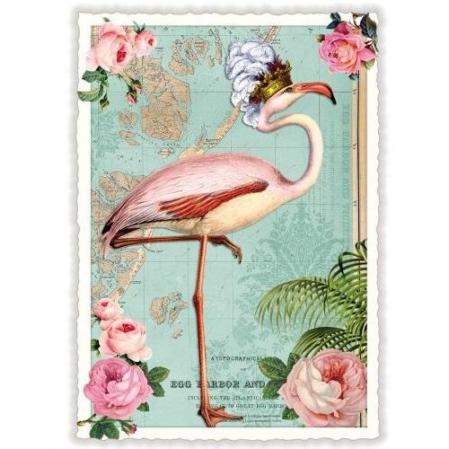 フラミンゴ ドイツ 製 ポストカード ラメ グリーティングカード 絵はがき アンティーク調 鳥