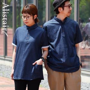 ALISTAIR デニムシャツ 半袖 プルオーバー メンズ 丸襟 バンド 夏 薄手