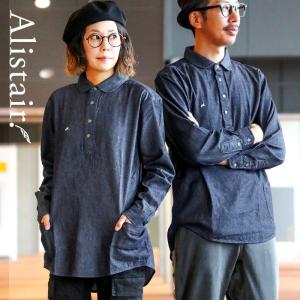 シャツ 長袖 デニムシャツ スリム 丸襟 プルオーバー