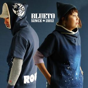 パーカー 半袖 カシュクール ハイネック デニム パッチワーク 星 月 ロゴ プリント スウェット メンズ レディース BLUETO