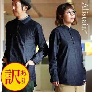 シャツ 長袖 スリム 丸襟 プルオーバー デニム 配色