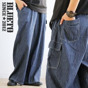 パンツ ワイド イージーパンツ 薄手 細ストライプ シャンブレー デニム 綿100％ ウエストゴム 紐 アシメントリー レディース  BLUETO
